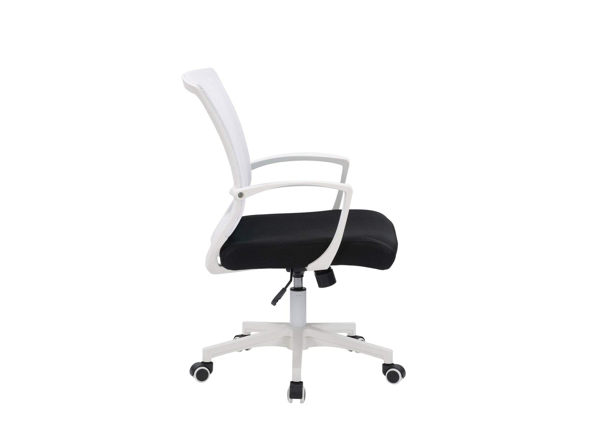 White mesh task chair with ergonomic design, adjustable armrests, and lumbar support. Features breathable mesh backrest, padded seat, and sleek chrome base with caster wheels ideal for office use.