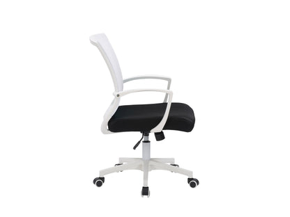 White mesh task chair with ergonomic design, adjustable armrests, and lumbar support. Features breathable mesh backrest, padded seat, and sleek chrome base with caster wheels ideal for office use.