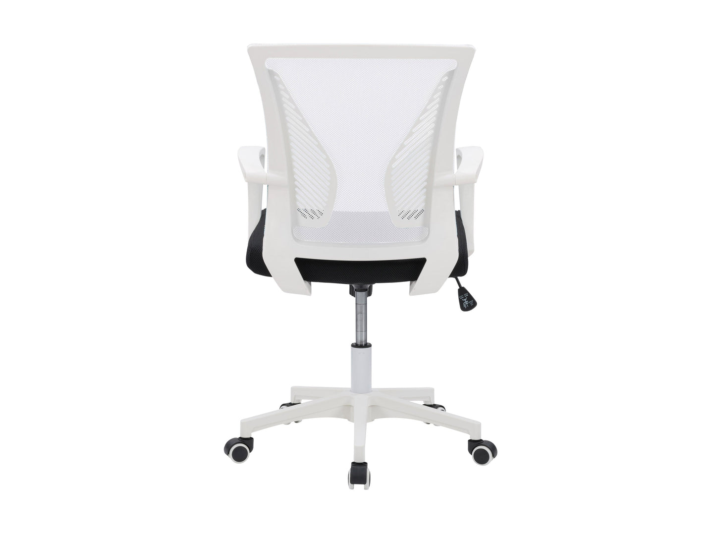 White mesh task chair with ergonomic design, adjustable armrests, and lumbar support. Features breathable mesh backrest, padded seat, and sleek chrome base with caster wheels ideal for office use.