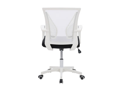 White mesh task chair with ergonomic design, adjustable armrests, and lumbar support. Features breathable mesh backrest, padded seat, and sleek chrome base with caster wheels ideal for office use.