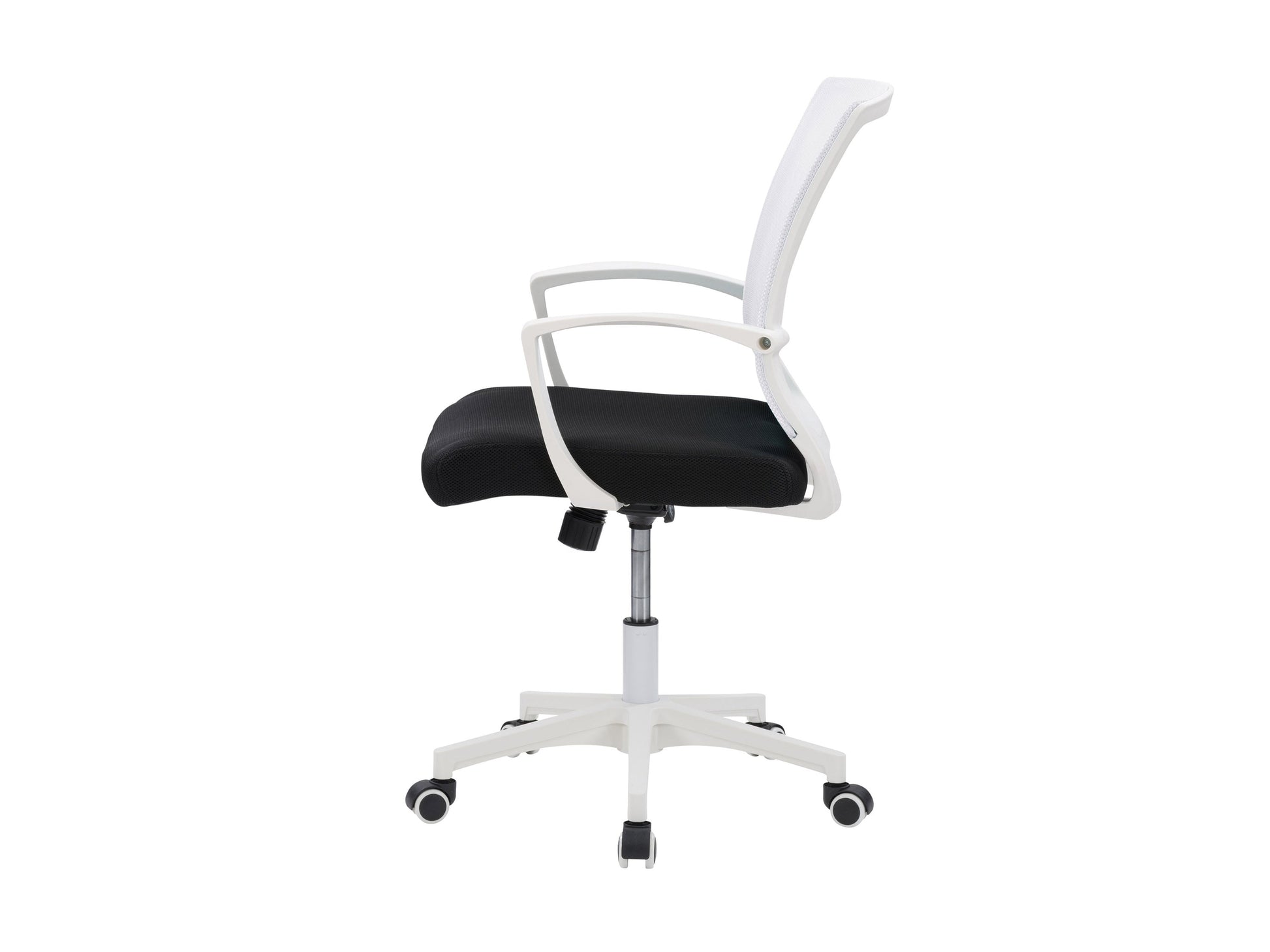 White mesh task chair with ergonomic design, adjustable armrests, and lumbar support. Features breathable mesh backrest, padded seat, and sleek chrome base with caster wheels ideal for office use.