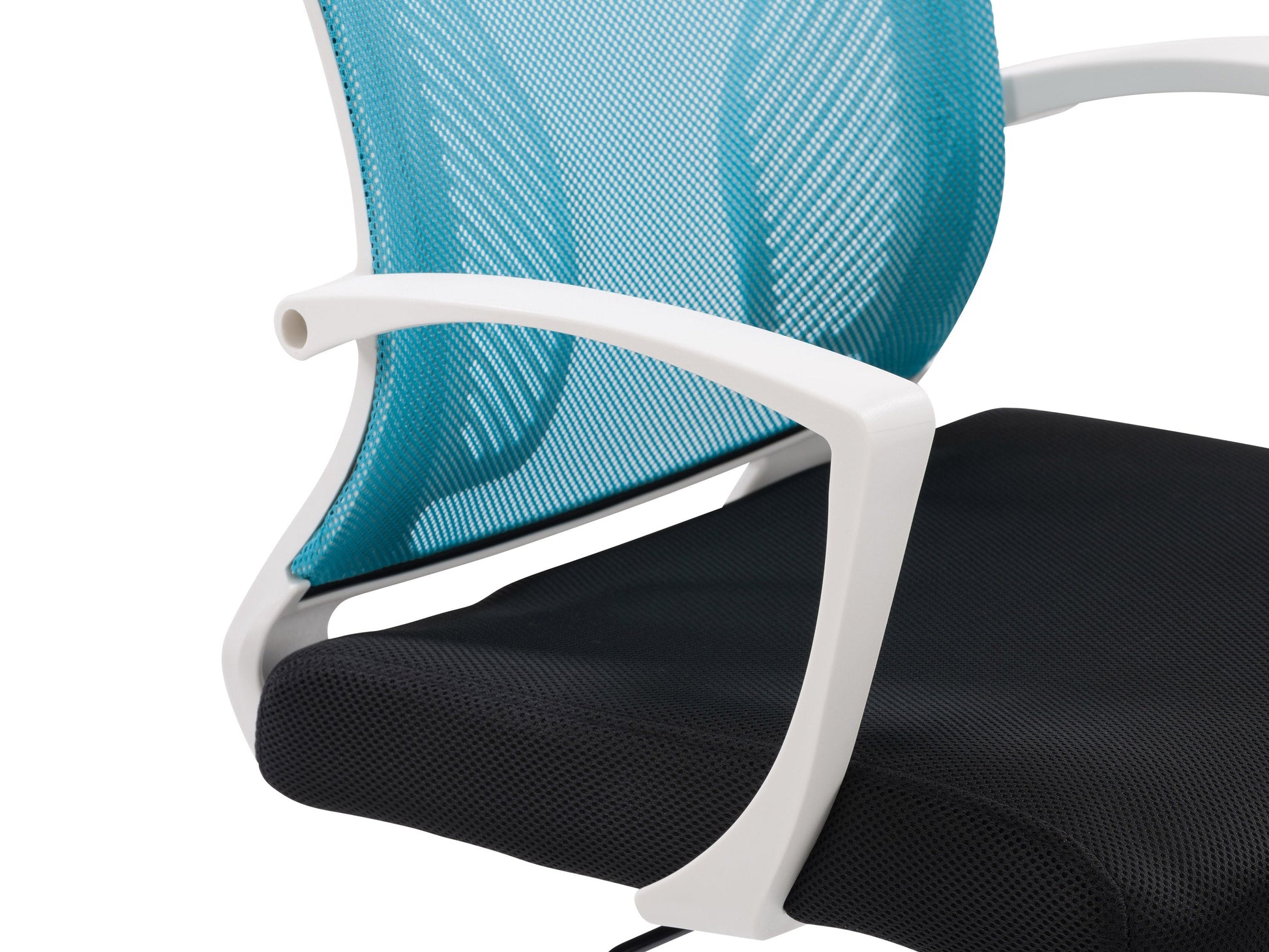Teal mesh task chair with ergonomic design, white frame, adjustable armrests, lumbar support, and swivel base. Ideal for office use.