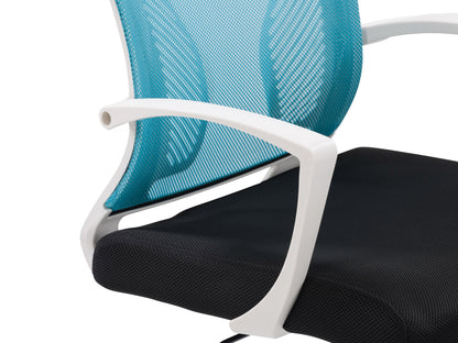 Teal mesh task chair with ergonomic design, white frame, adjustable armrests, lumbar support, and swivel base. Ideal for office use.