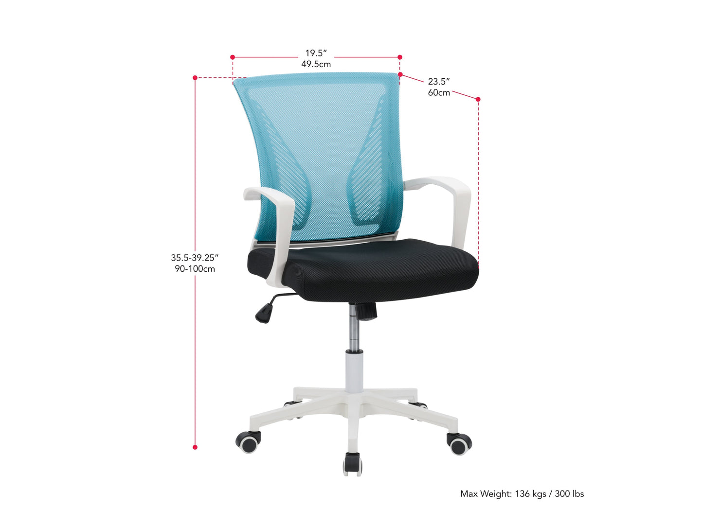 Teal mesh task chair with ergonomic design, white frame, adjustable armrests, lumbar support, and swivel base. Ideal for office use.
