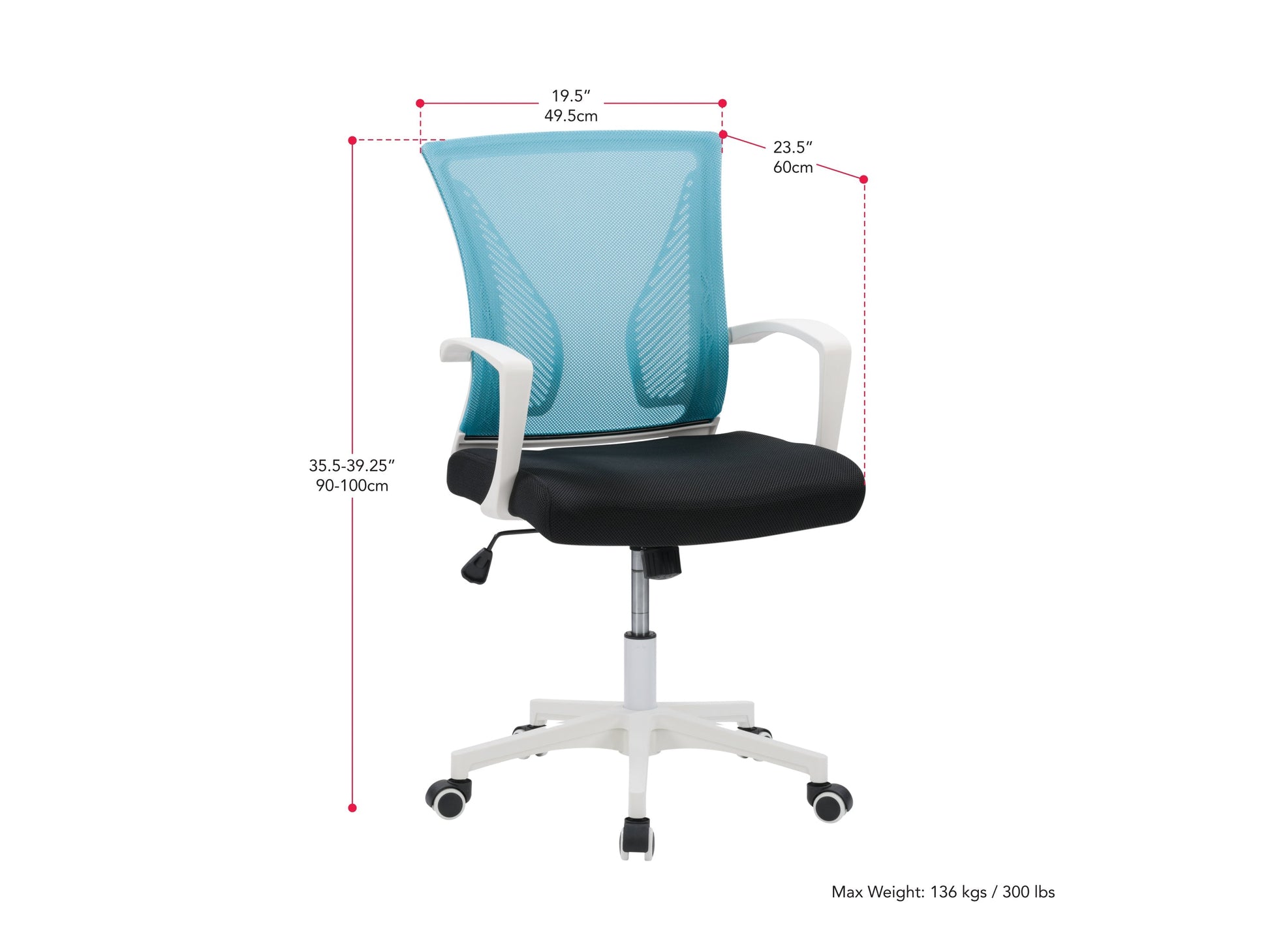 Teal mesh task chair with ergonomic design, white frame, adjustable armrests, lumbar support, and swivel base. Ideal for office use.
