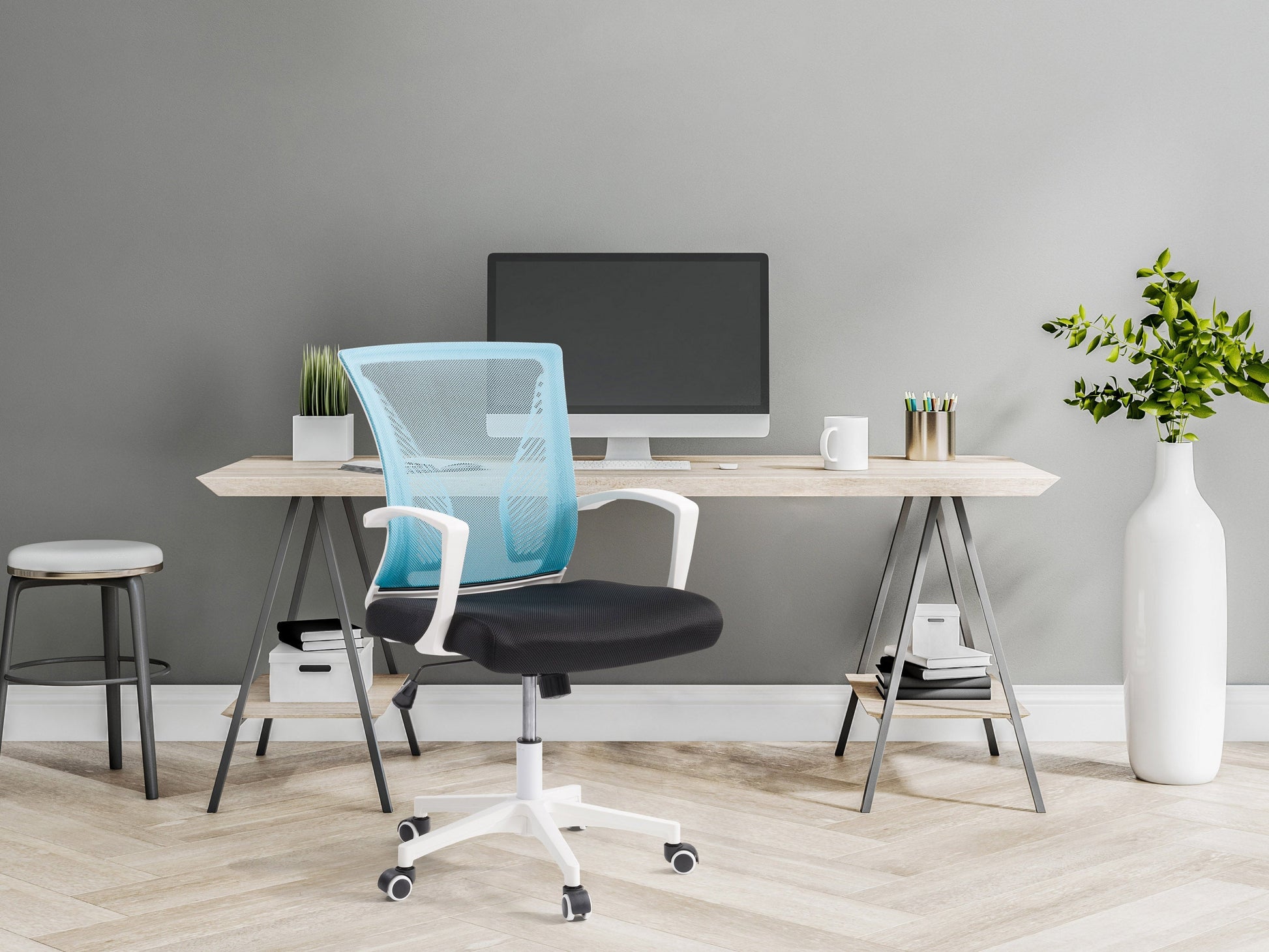 Teal mesh task chair with ergonomic design, white frame, adjustable armrests, lumbar support, and swivel base. Ideal for office use.