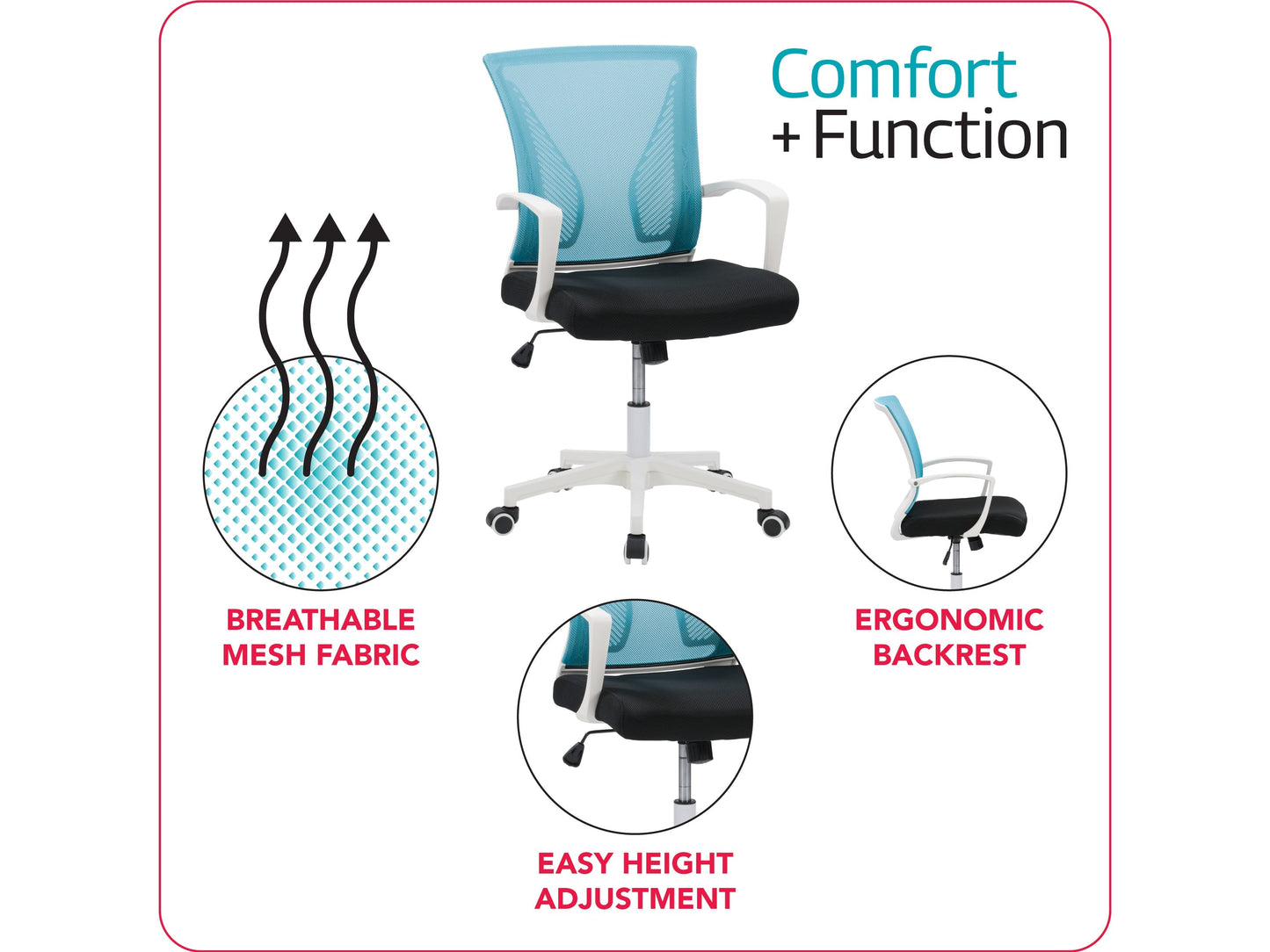 Teal mesh task chair with ergonomic design, white frame, adjustable armrests, lumbar support, and swivel base. Ideal for office use.