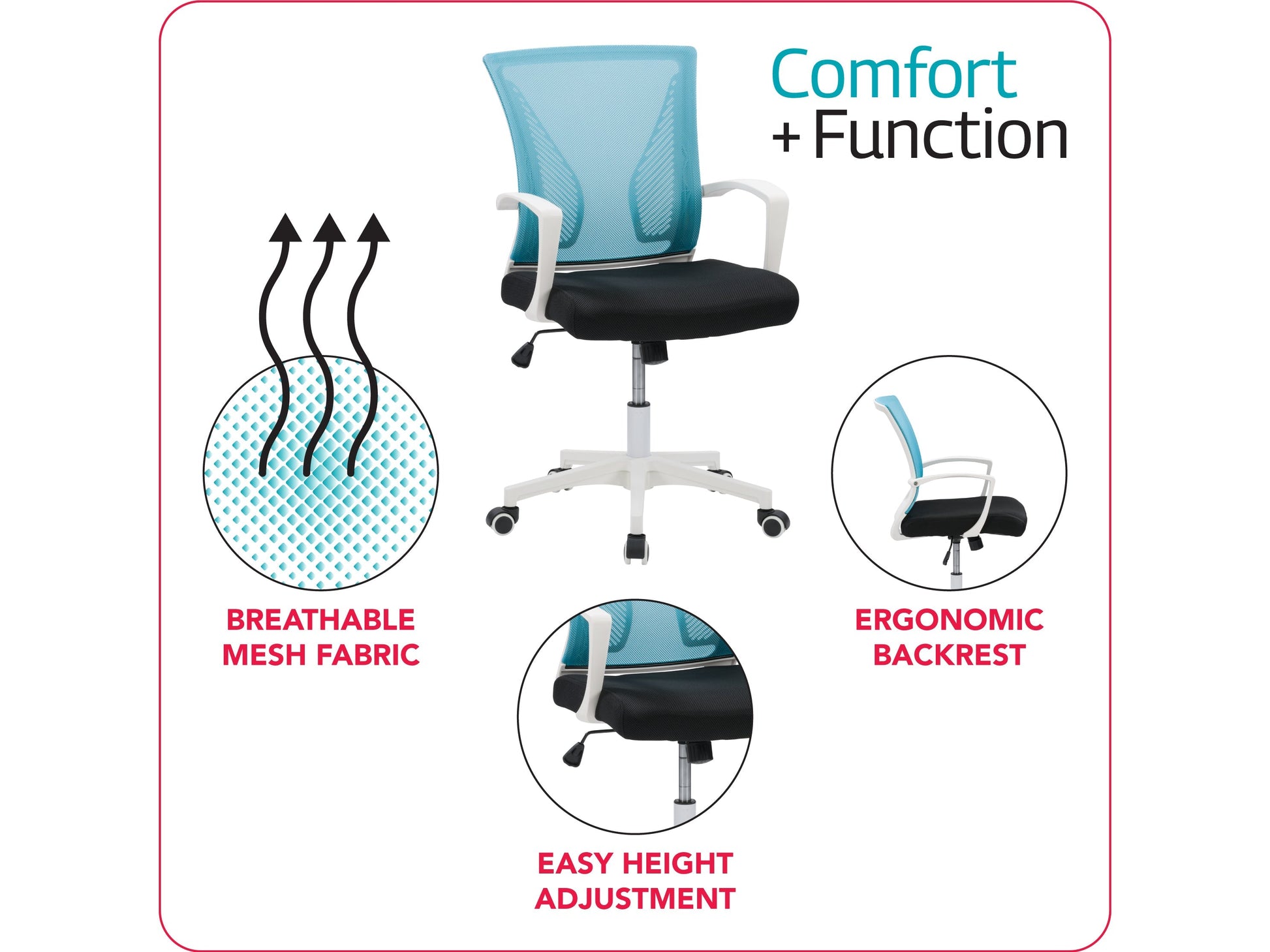 Teal mesh task chair with ergonomic design, white frame, adjustable armrests, lumbar support, and swivel base. Ideal for office use.