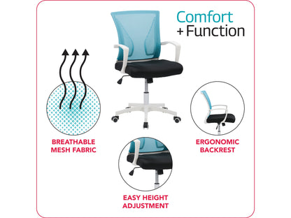 Teal mesh task chair with ergonomic design, white frame, adjustable armrests, lumbar support, and swivel base. Ideal for office use.