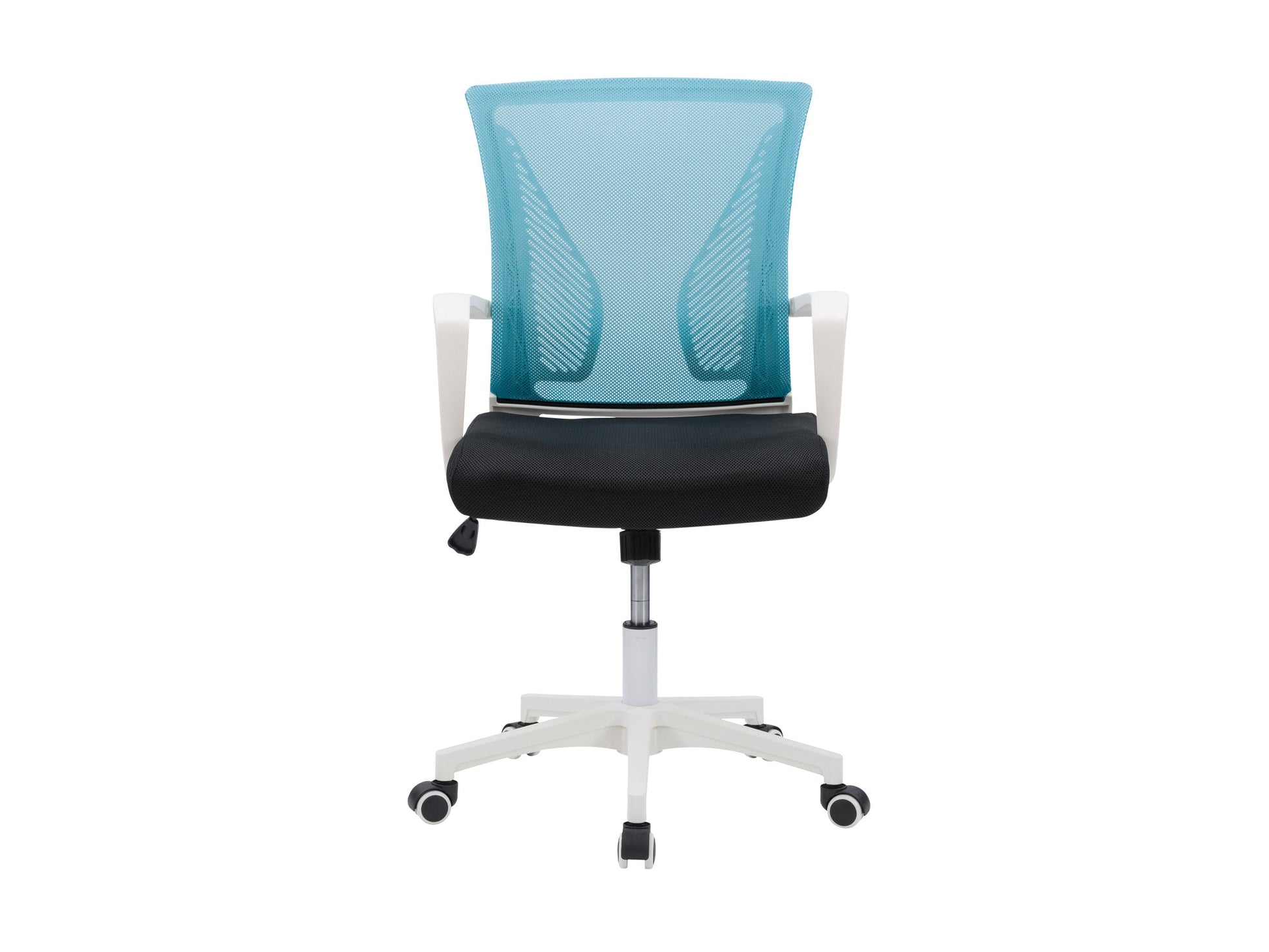 Teal mesh task chair with ergonomic design, white frame, adjustable armrests, lumbar support, and swivel base. Ideal for office use.
