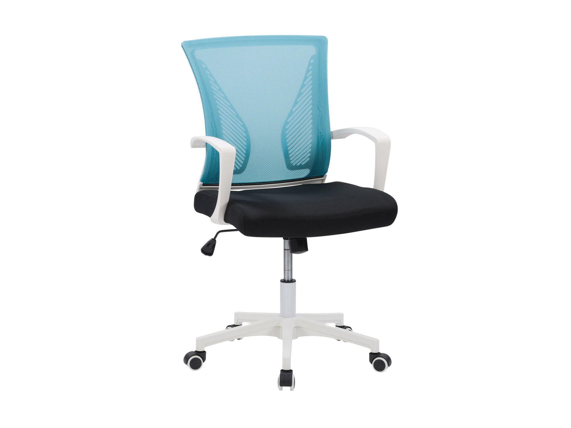Teal mesh task chair with ergonomic design, white frame, adjustable armrests, lumbar support, and swivel base. Ideal for office use.