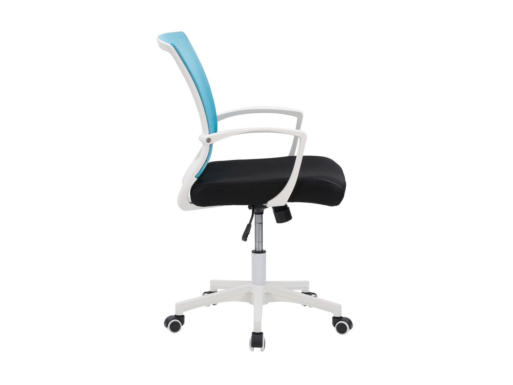 Teal mesh task chair with ergonomic design, white frame, adjustable armrests, lumbar support, and swivel base. Ideal for office use.