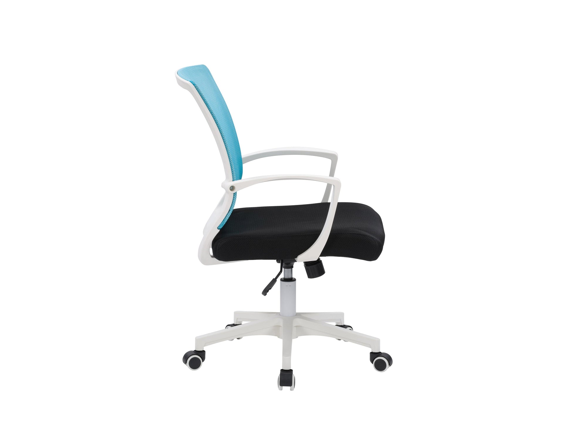 Teal mesh task chair with ergonomic design, white frame, adjustable armrests, lumbar support, and swivel base. Ideal for office use.