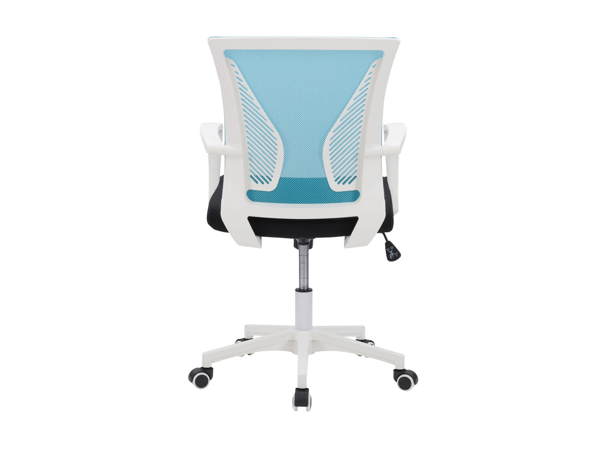 Teal mesh task chair with ergonomic design, white frame, adjustable armrests, lumbar support, and swivel base. Ideal for office use.