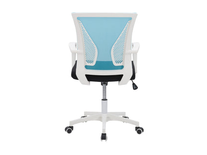 Teal mesh task chair with ergonomic design, white frame, adjustable armrests, lumbar support, and swivel base. Ideal for office use.