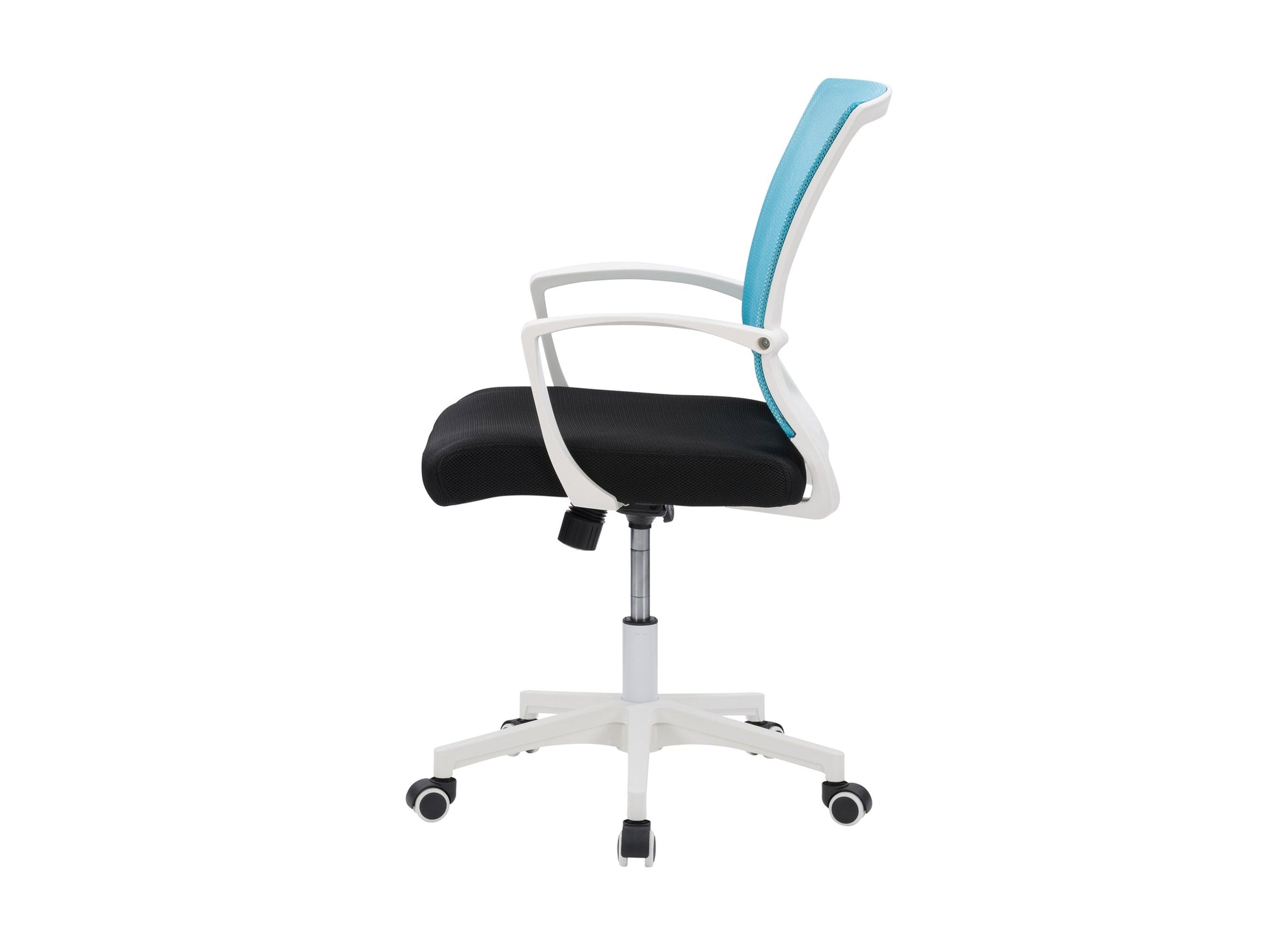 Teal mesh task chair with ergonomic design, white frame, adjustable armrests, lumbar support, and swivel base. Ideal for office use.