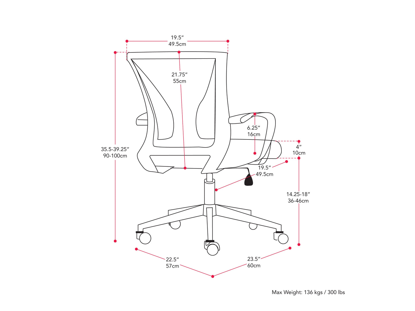 Black mesh task chair with ergonomic design, adjustable armrests, lumbar support, and a breathable mesh backrest. Features a cushioned seat, swivel base, and caster wheels for mobility. Ideal for office use.