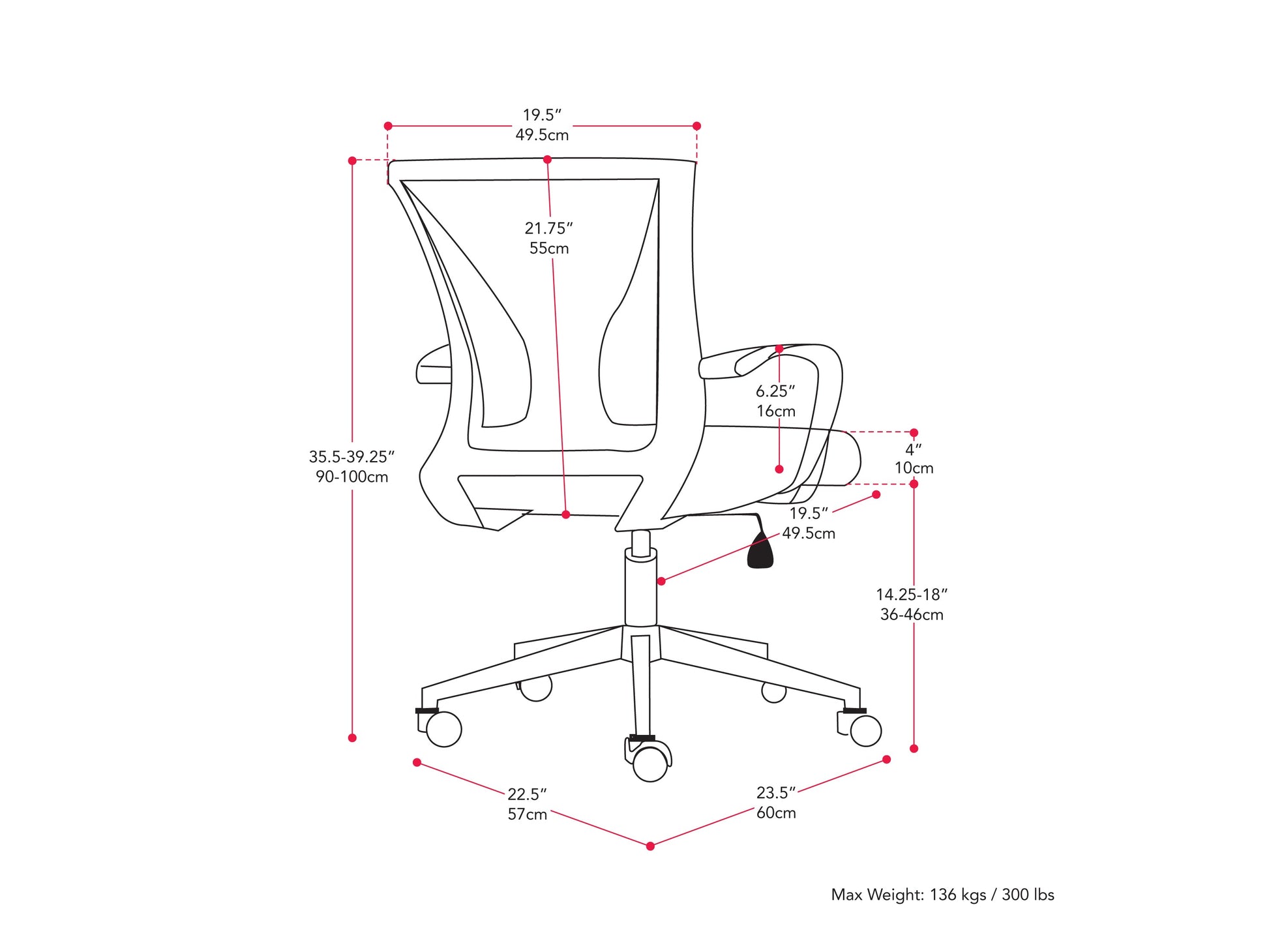 Black mesh task chair with ergonomic design, adjustable armrests, lumbar support, and a breathable mesh backrest. Features a cushioned seat, swivel base, and caster wheels for mobility. Ideal for office use.