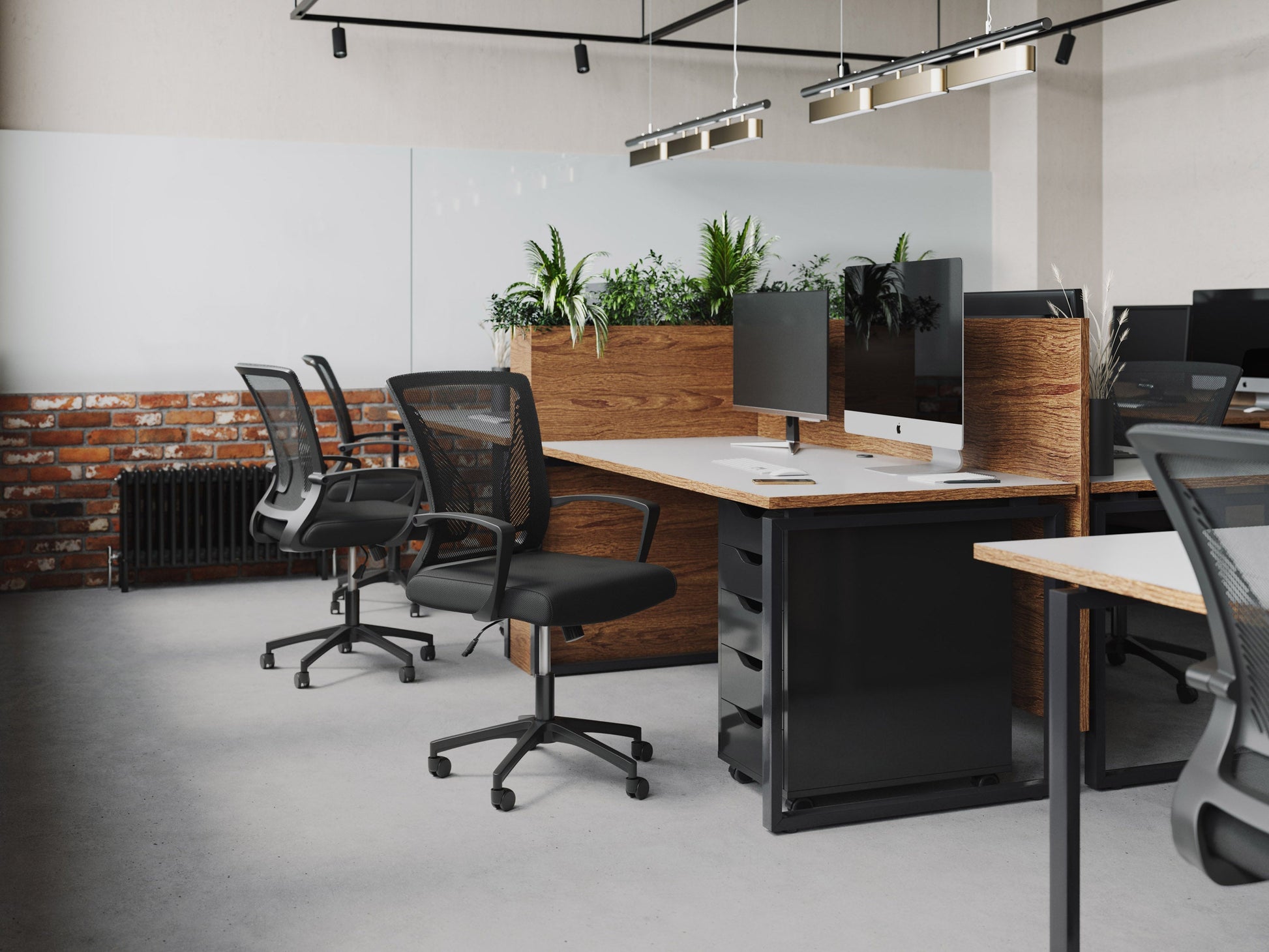 Black mesh task chair with ergonomic design, adjustable armrests, lumbar support, and a breathable mesh backrest. Features a cushioned seat, swivel base, and caster wheels for mobility. Ideal for office use.