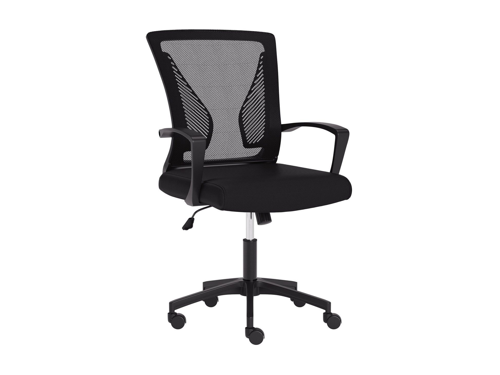 Black mesh task chair with ergonomic design, adjustable armrests, lumbar support, and a breathable mesh backrest. Features a cushioned seat, swivel base, and caster wheels for mobility. Ideal for office use.