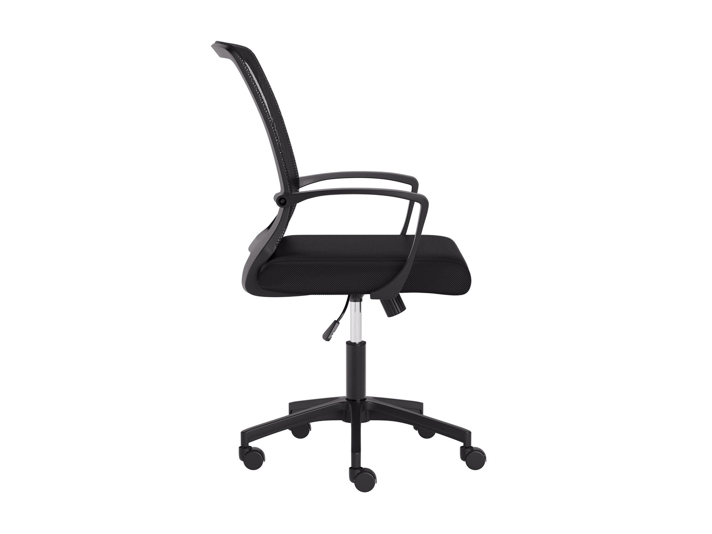 Black mesh task chair with ergonomic design, adjustable armrests, lumbar support, and a breathable mesh backrest. Features a cushioned seat, swivel base, and caster wheels for mobility. Ideal for office use.