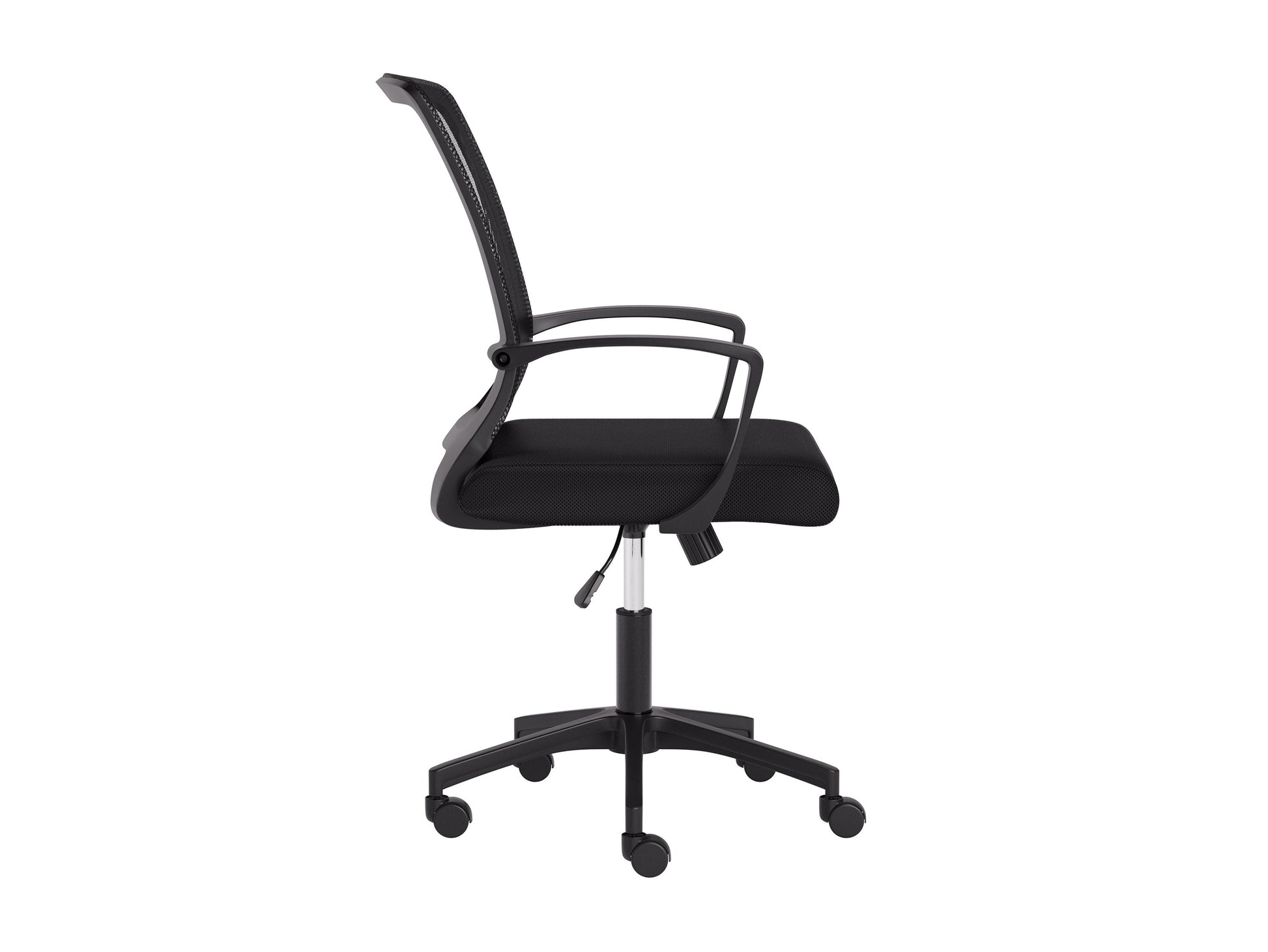 Black mesh task chair with ergonomic design, adjustable armrests, lumbar support, and a breathable mesh backrest. Features a cushioned seat, swivel base, and caster wheels for mobility. Ideal for office use.