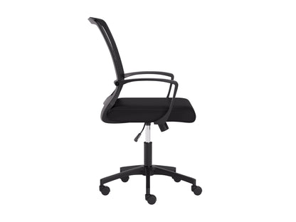 Black mesh task chair with ergonomic design, adjustable armrests, lumbar support, and a breathable mesh backrest. Features a cushioned seat, swivel base, and caster wheels for mobility. Ideal for office use.