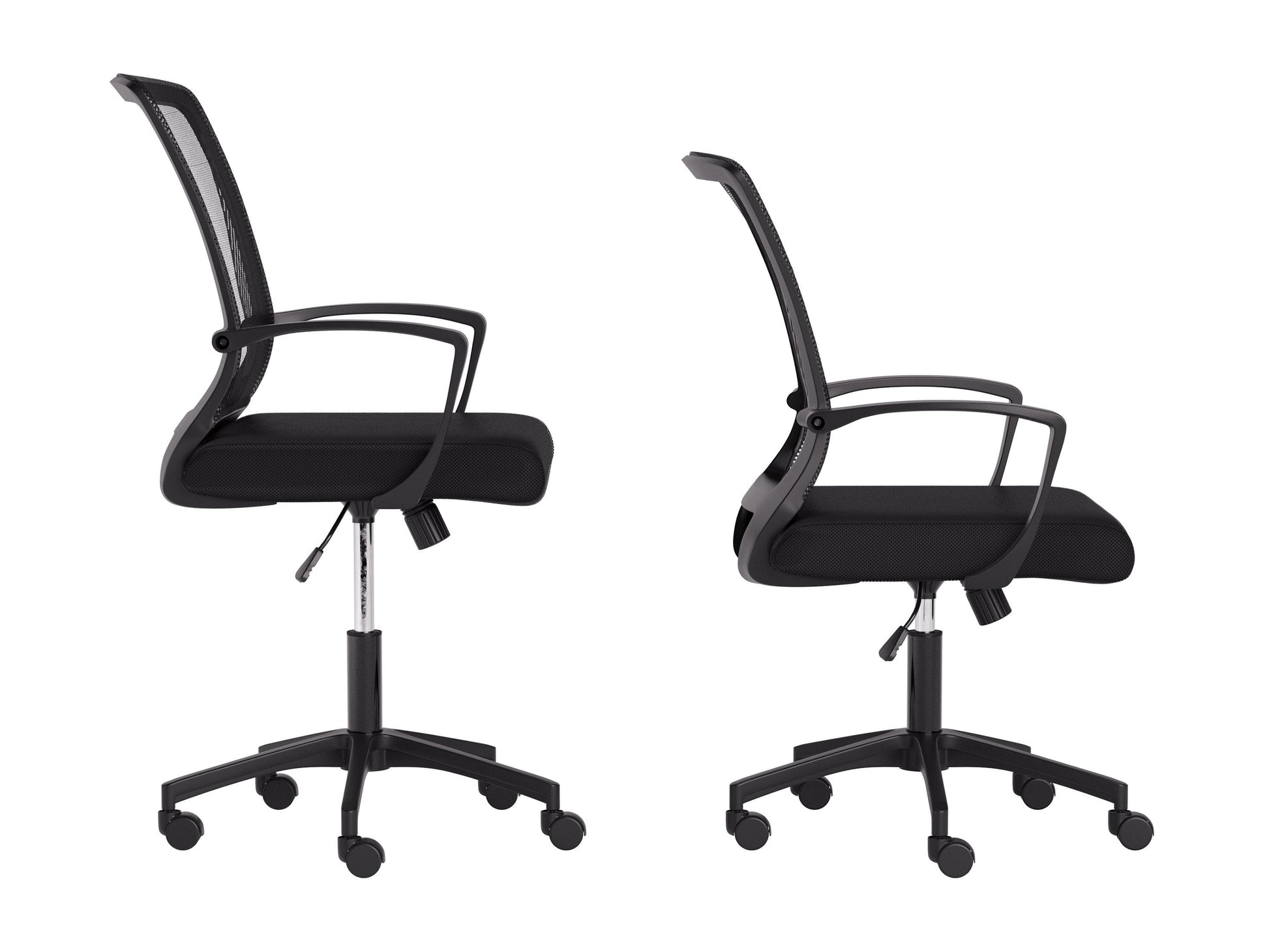 Black mesh task chair with ergonomic design, adjustable armrests, lumbar support, and a breathable mesh backrest. Features a cushioned seat, swivel base, and caster wheels for mobility. Ideal for office use.