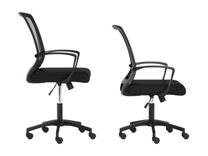 Black mesh task chair with ergonomic design, adjustable armrests, lumbar support, and a breathable mesh backrest. Features a cushioned seat, swivel base, and caster wheels for mobility. Ideal for office use.