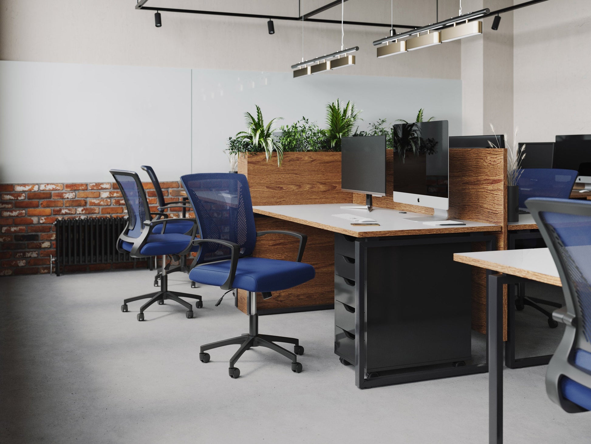 Blue and black mesh task chair with ergonomic design, adjustable height, lumbar support, and padded armrests. Ideal for office settings, offering comfort and breathability with a sleek, modern look.