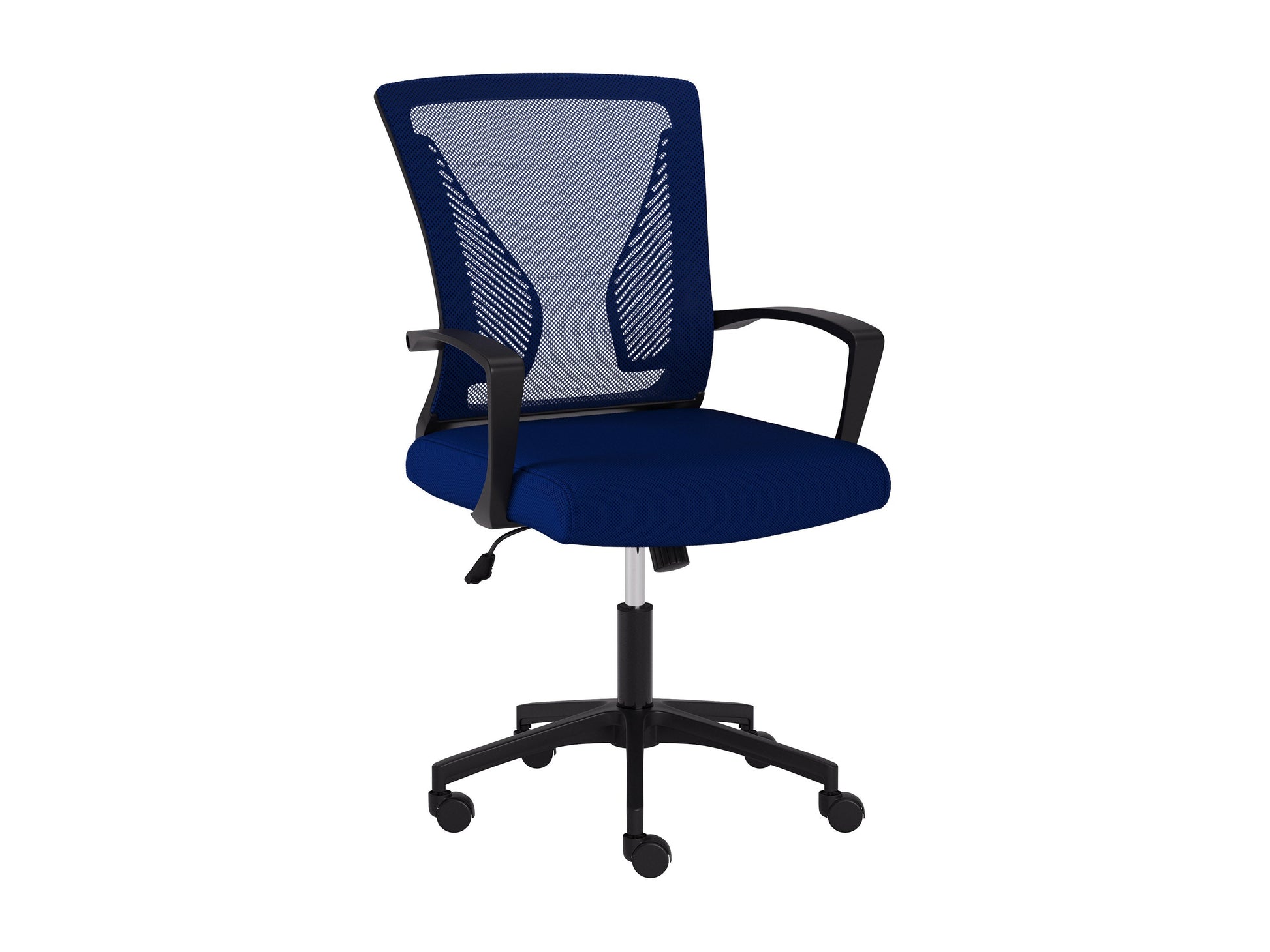 Blue and black mesh task chair with ergonomic design, adjustable height, lumbar support, and padded armrests. Ideal for office settings, offering comfort and breathability with a sleek, modern look.