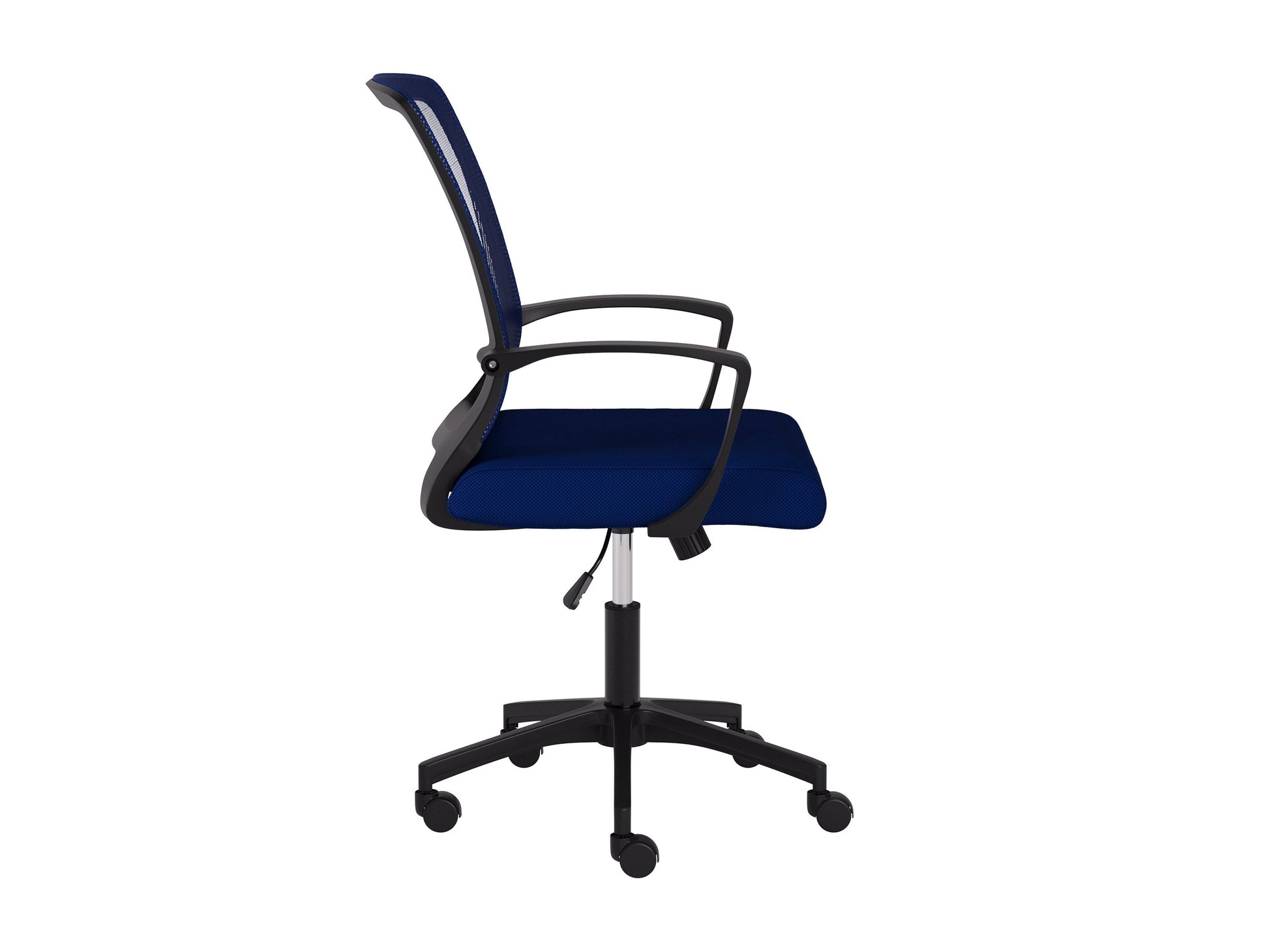 Blue and black mesh task chair with ergonomic design, adjustable height, lumbar support, and padded armrests. Ideal for office settings, offering comfort and breathability with a sleek, modern look.