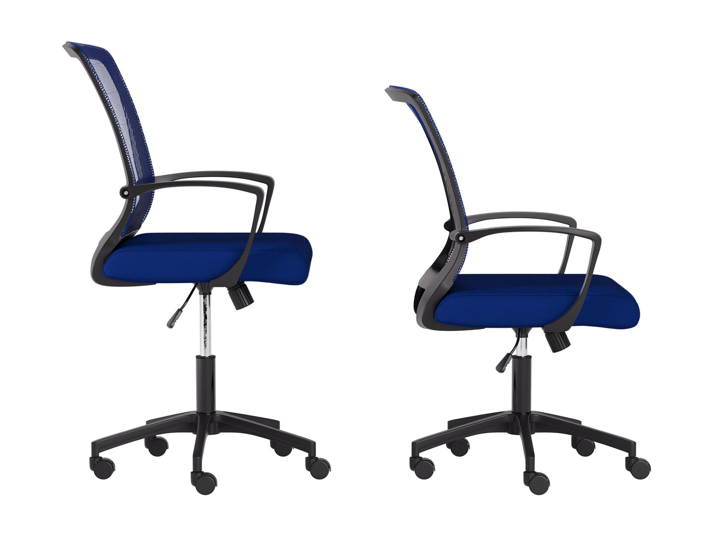 Blue and black mesh task chair with ergonomic design, adjustable height, lumbar support, and padded armrests. Ideal for office settings, offering comfort and breathability with a sleek, modern look.