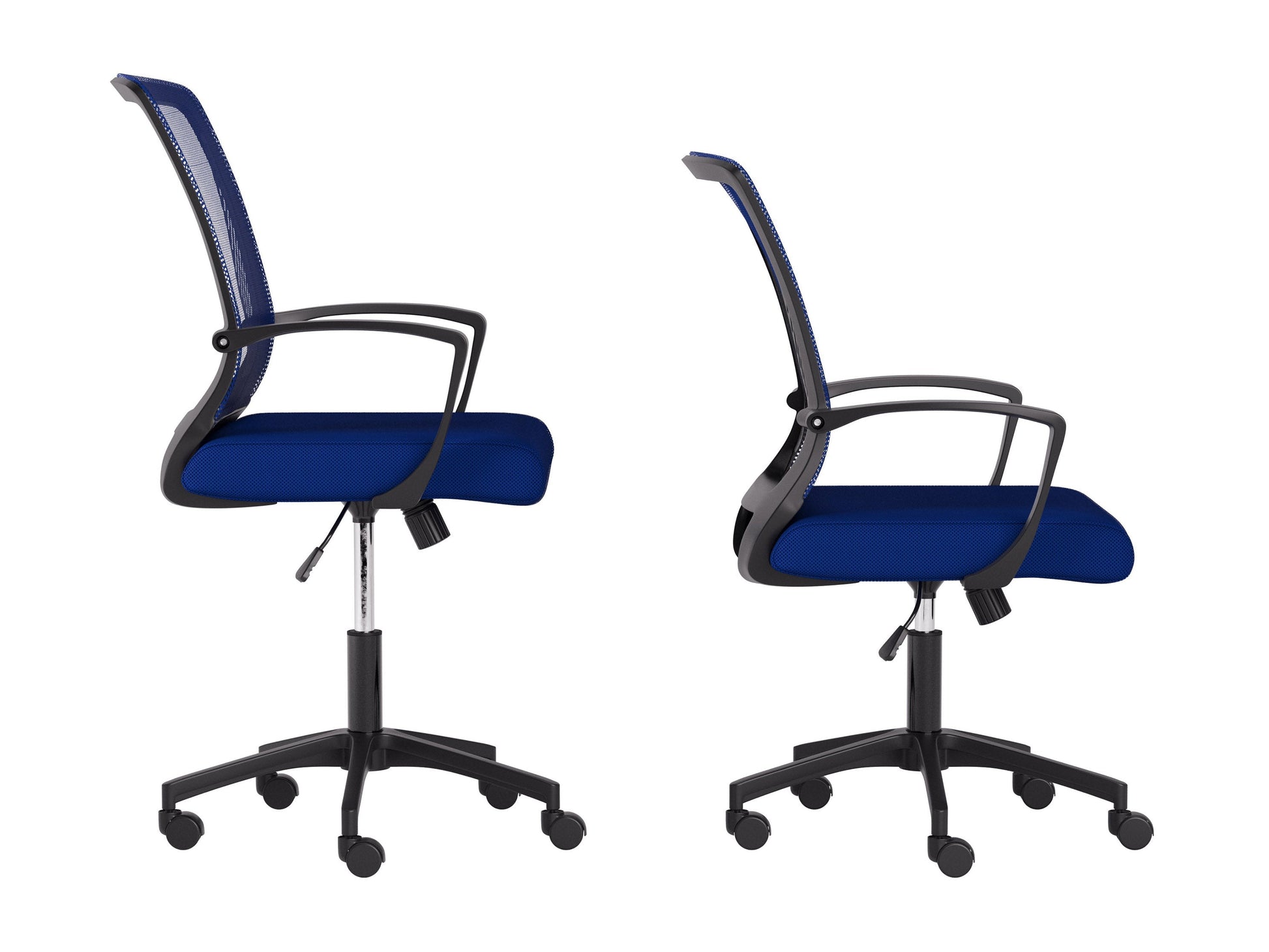 Blue and black mesh task chair with ergonomic design, adjustable height, lumbar support, and padded armrests. Ideal for office settings, offering comfort and breathability with a sleek, modern look.