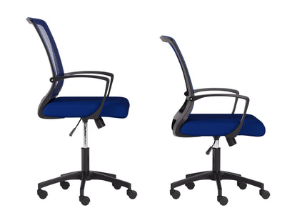 Blue and black mesh task chair with ergonomic design, adjustable height, lumbar support, and padded armrests. Ideal for office settings, offering comfort and breathability with a sleek, modern look.