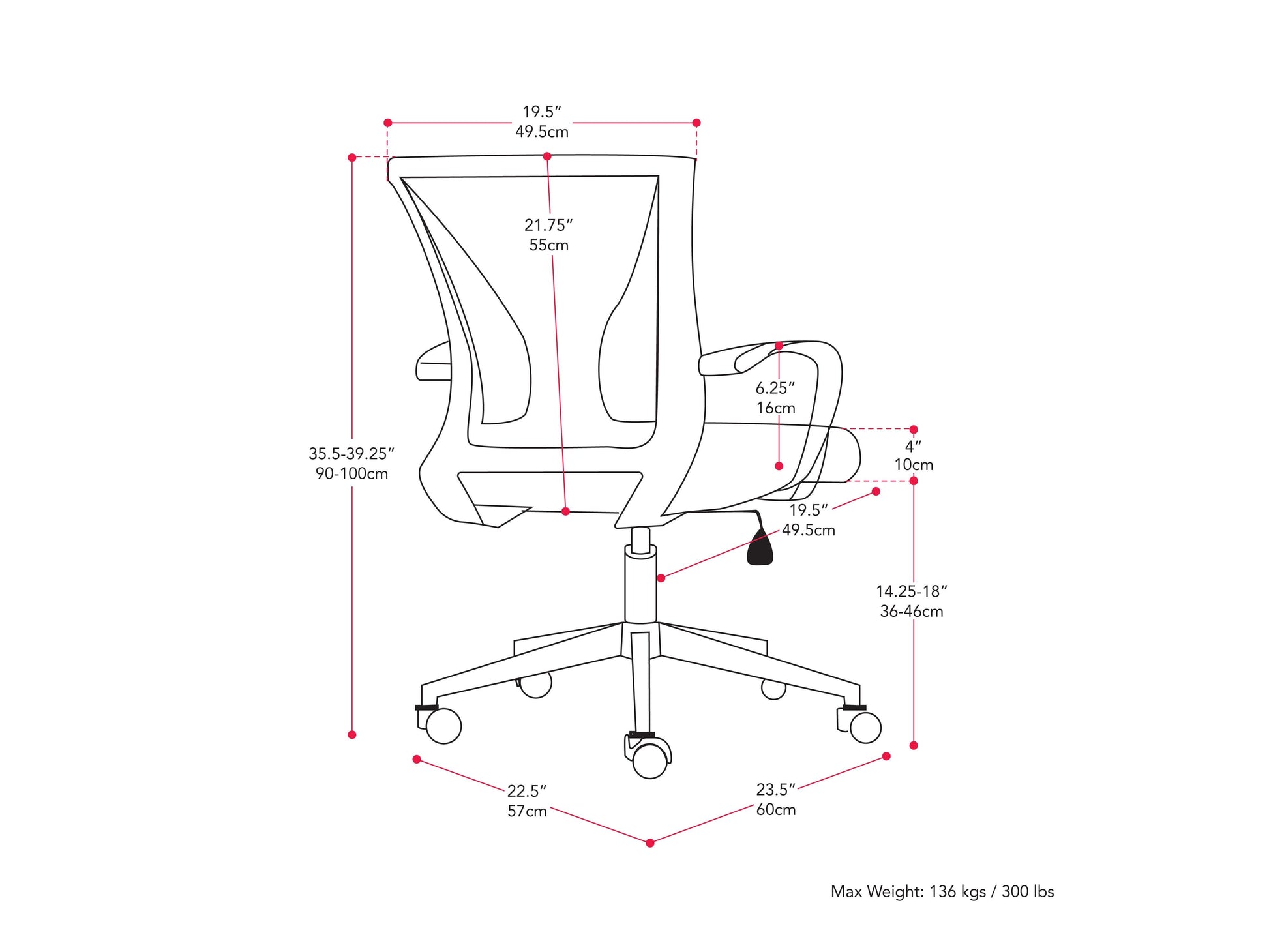 Purple and black mesh task chair with ergonomic design, adjustable height, lumbar support, and padded armrests, perfect for office use.