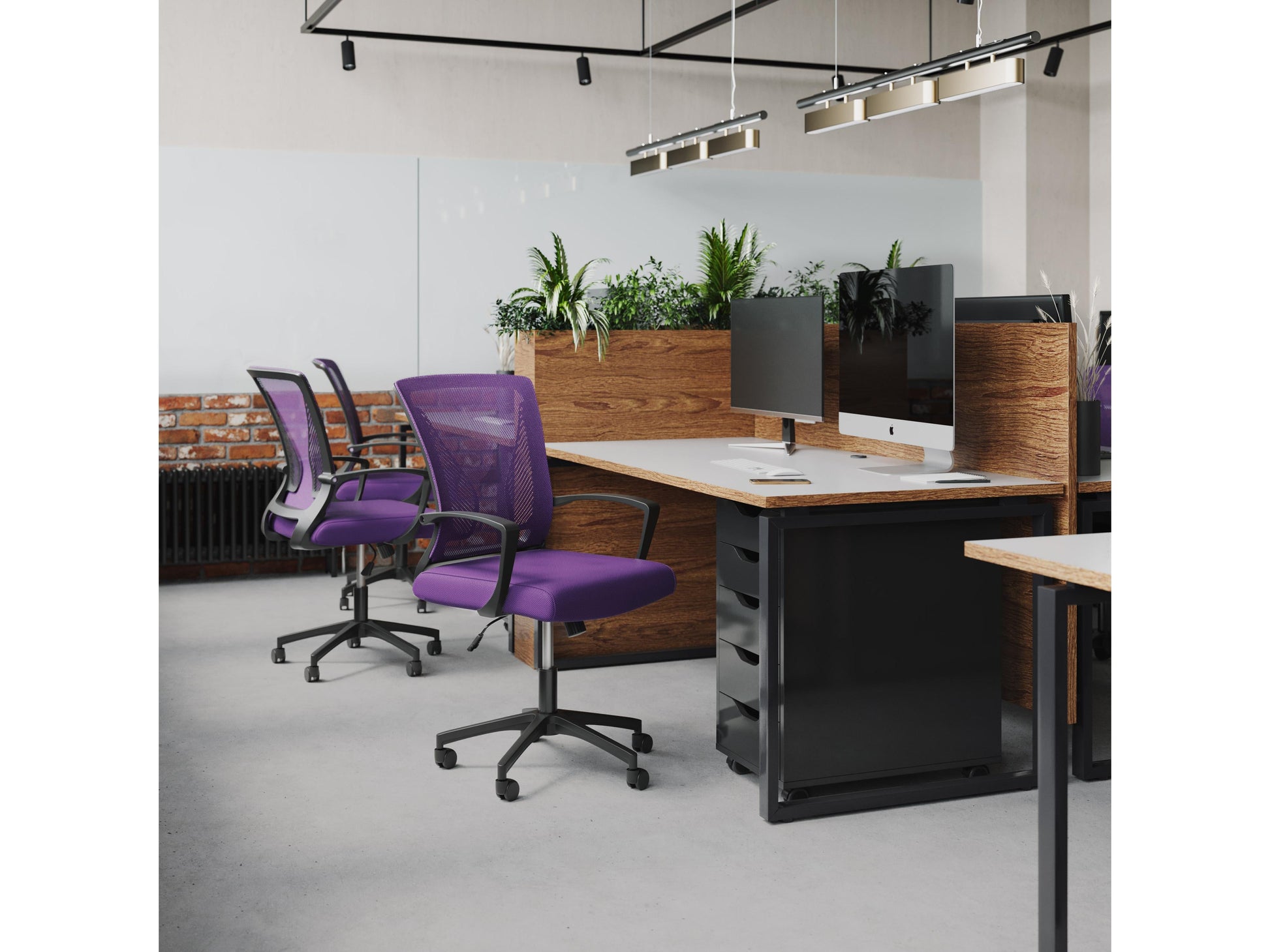 Purple and black mesh task chair with ergonomic design, adjustable height, lumbar support, and padded armrests, perfect for office use.