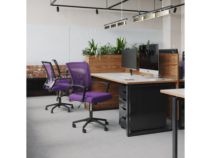 Purple and black mesh task chair with ergonomic design, adjustable height, lumbar support, and padded armrests, perfect for office use.