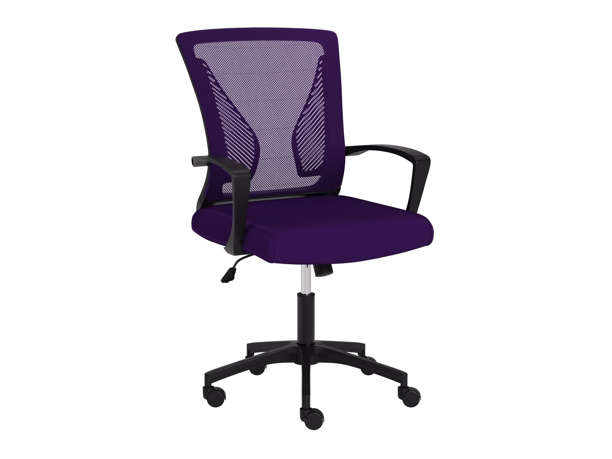 Purple and black mesh task chair with ergonomic design, adjustable height, lumbar support, and padded armrests, perfect for office use.