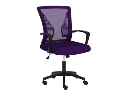 Purple and black mesh task chair with ergonomic design, adjustable height, lumbar support, and padded armrests, perfect for office use.