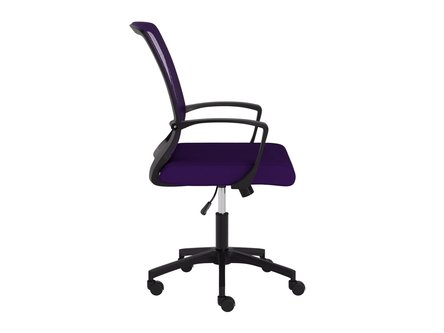 Purple and black mesh task chair with ergonomic design, adjustable height, lumbar support, and padded armrests, perfect for office use.