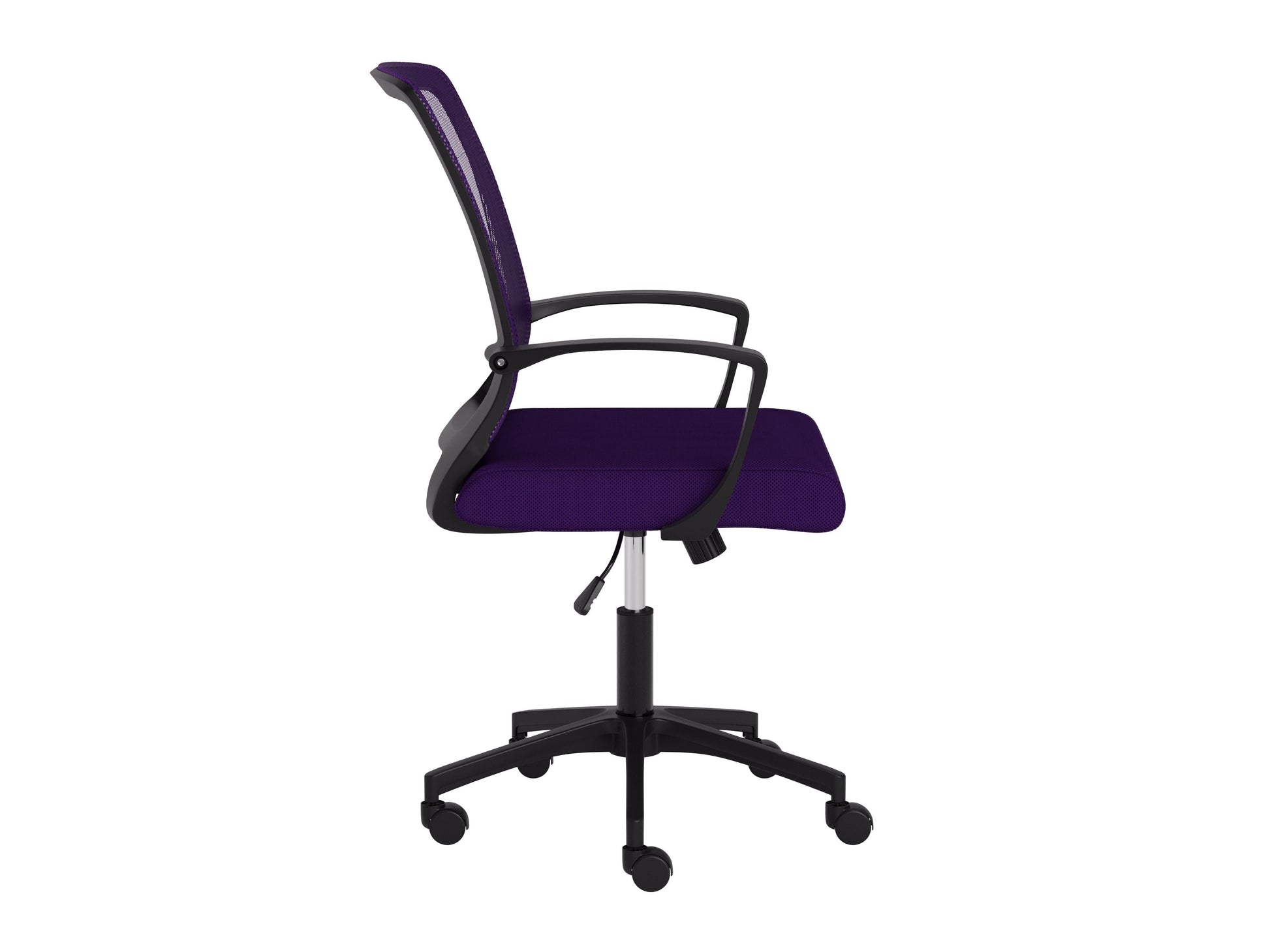Purple and black mesh task chair with ergonomic design, adjustable height, lumbar support, and padded armrests, perfect for office use.