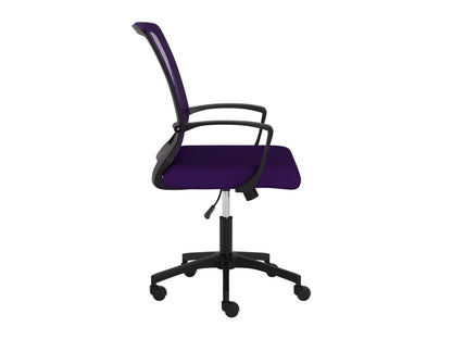 Purple and black mesh task chair with ergonomic design, adjustable height, lumbar support, and padded armrests, perfect for office use.