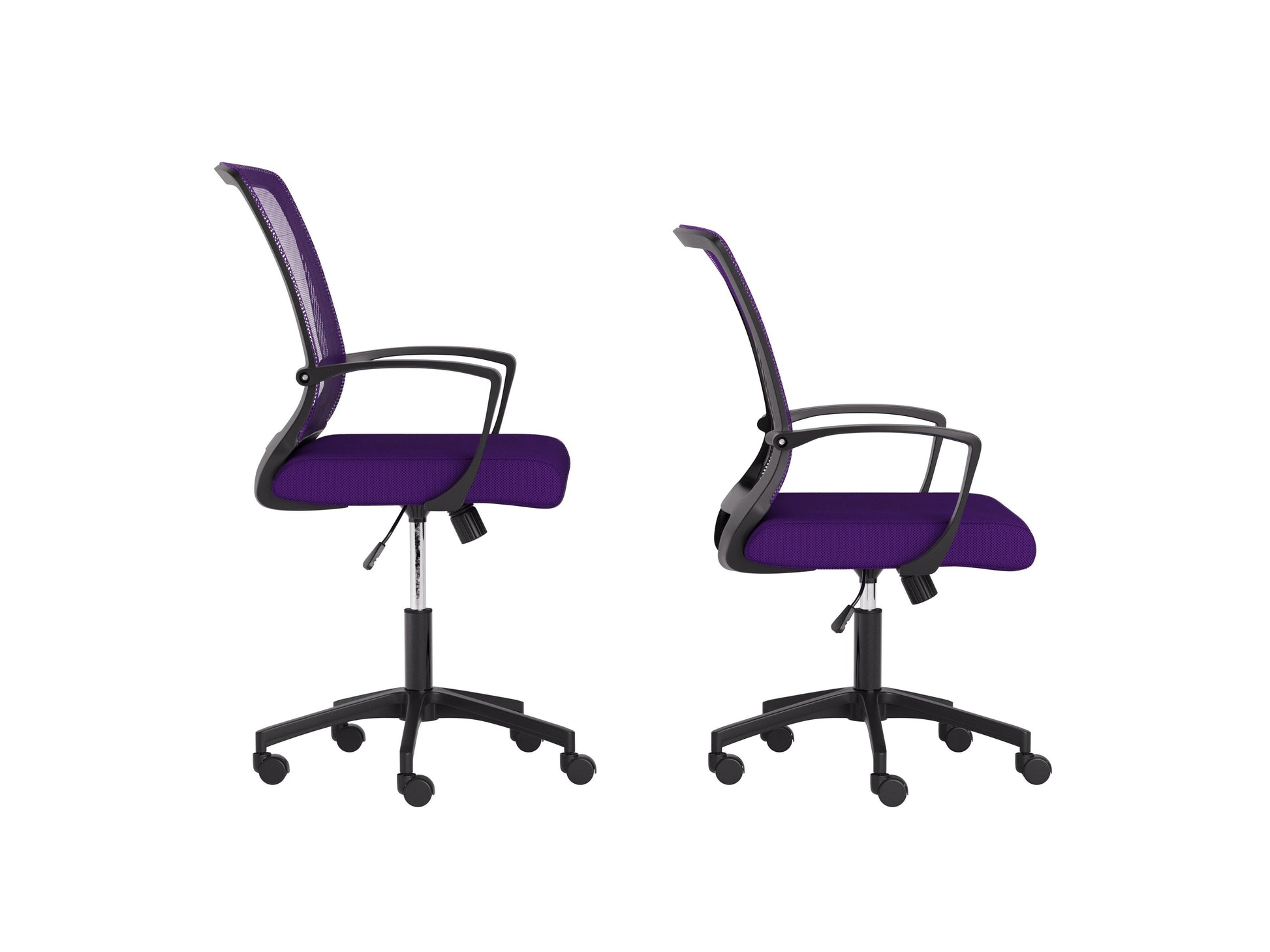 Purple and black mesh task chair with ergonomic design, adjustable height, lumbar support, and padded armrests, perfect for office use.