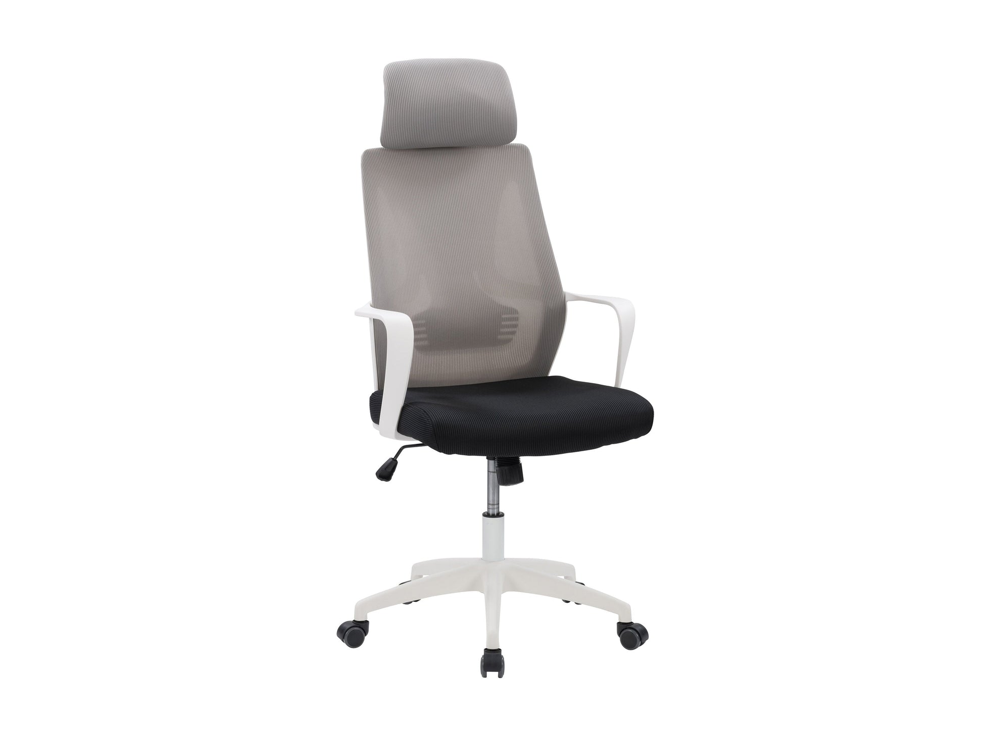 Grey and black high back office chair with ergonomic design, mesh backrest, cushioned seat, adjustable armrests, and swivel base. Perfect for home office or workspace, offering comfort and support.