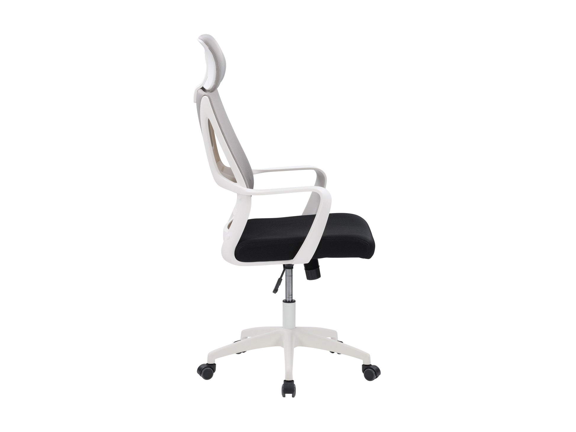 Grey and black high back office chair with ergonomic design, mesh backrest, cushioned seat, adjustable armrests, and swivel base. Perfect for home office or workspace, offering comfort and support.
