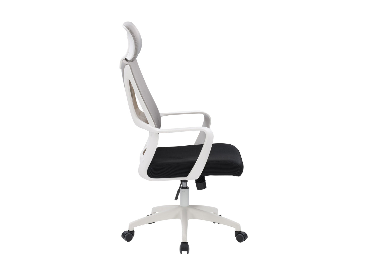 Grey and black high back office chair with ergonomic design, mesh backrest, cushioned seat, adjustable armrests, and swivel base. Perfect for home office or workspace, offering comfort and support.
