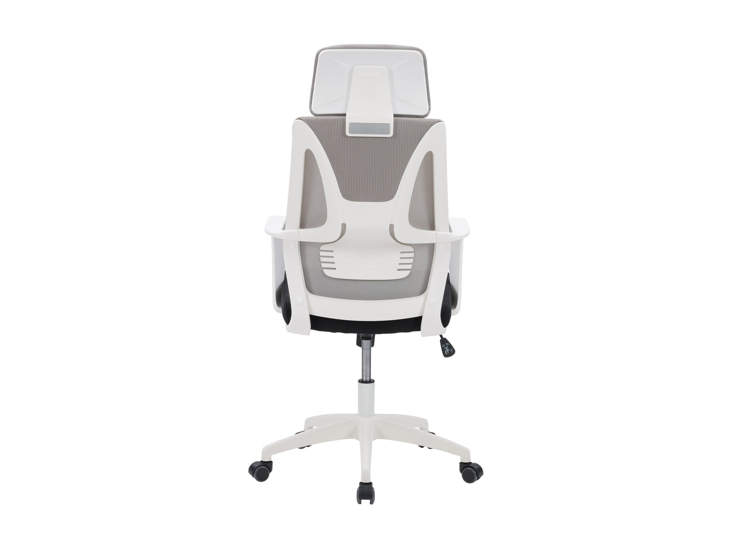 Grey and black high back office chair with ergonomic design, mesh backrest, cushioned seat, adjustable armrests, and swivel base. Perfect for home office or workspace, offering comfort and support.