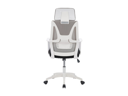 Grey and black high back office chair with ergonomic design, mesh backrest, cushioned seat, adjustable armrests, and swivel base. Perfect for home office or workspace, offering comfort and support.