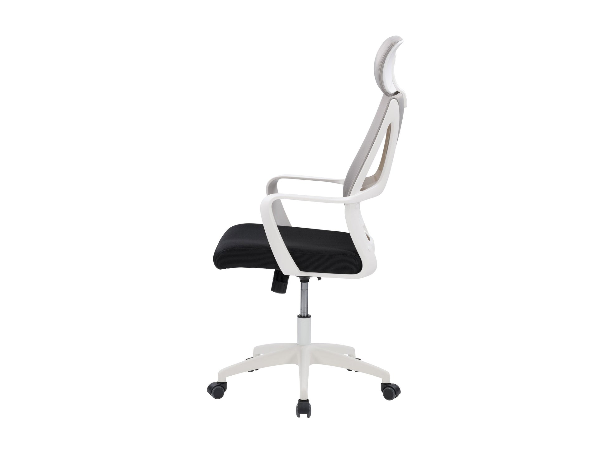 Grey and black high back office chair with ergonomic design, mesh backrest, cushioned seat, adjustable armrests, and swivel base. Perfect for home office or workspace, offering comfort and support.